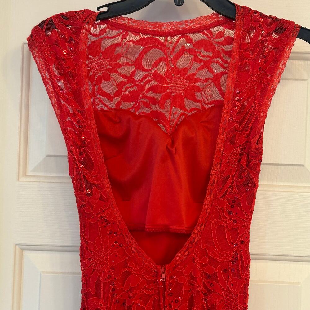 B Darlin Red Lace Sequin Prom Dress - Picture 2 of 10